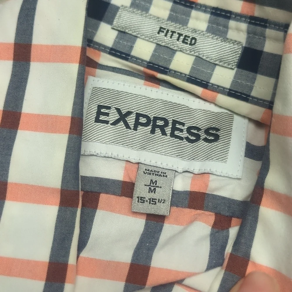 Express White/Orange Plaid Fitted Button Down Shirt